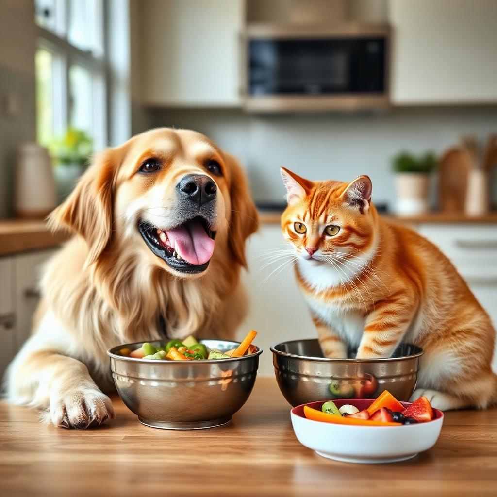 Cachorro e gato felizes com refeições naturais