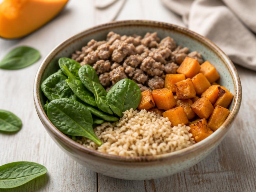 Carne com Abóbora, Arroz Integral e Espinafre